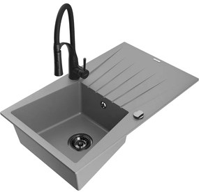 Mexen Cesar, 1-komorový granitový drez 775x470x190 mm a drezová batéria Aster, šedá, 6514-71-73450-70-B