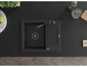 Mexen Enzo, granitový drez 576x465x174 mm, 1-komorový a drezová batéria Carla, čierna, 6506-77-670700-70-B
