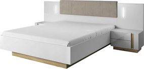 Súprava Arco N+O – posteľ 160×200 s úložným priestorom a kovovým roštom + nočné stolíky s LED biely lesk/dub grandson