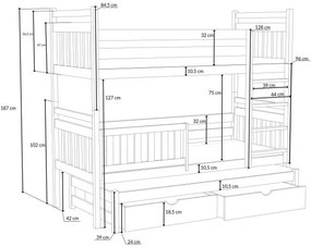 Detská poschodová posteľ z masívu borovice PETR s prístelkou a šuplíky - 200x90 cm - PRÍRODNÁ BOROVICA