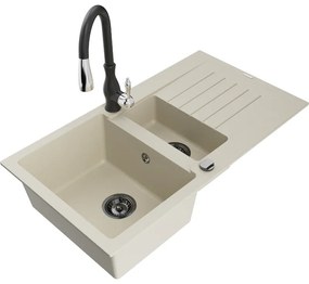 Mexen Matias, 1,5-komorový granitový drez 900x505x200 mm a drezová batéria Savita, béžová, 6502-69-672601-70