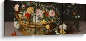 Obraz - Jan Brueghel the Elder, Flowers in a Basket and a Vase, reprodukcia (s hodinami) (90x30 cm)