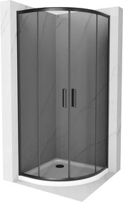 Mexen Rio, štvrťkruhový sprchovací kút s posuvnými dverami 90(dvere) x 90(dvere) x 190 cm, 6mm šedé sklo, čierny profil + biela sprchová vanička Slim, 863-090-090-70-40-4110B