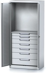 Policová dielenská skriňa 2-dverová MECHANIC, 1 polica, 7 zásuviek, 920 x 500 x 1950 mm, sivé dvere