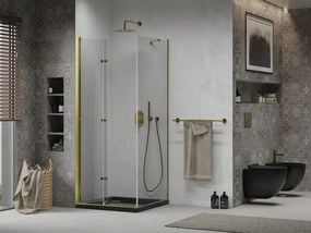 Mexen Lima, sprchový kút so skladacími dverami 80 (dvere) x 80 (stena) cm, 6mm číre sklo, chrómový profil + slim sprchová vanička čierna + zlatý sifón, 856-080-080-50-00-4070G
