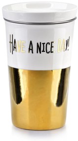 Porcelánový hrnček s viečkom a sitkom GOLD CHICK 410 ml zlatý