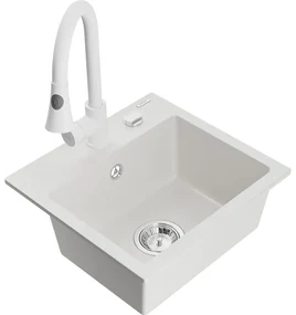 Mexen Milo, 1-komorový granitový drez 435x410x171 mm a drezová batéria Elia, biela, 6505-20-670101-20