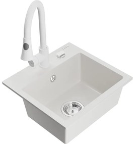 Mexen Milo, 1-komorový granitový drez 435x410x171 mm a drezová batéria Elia, biela, 6505-20-670101-20