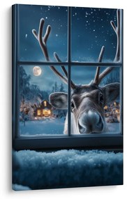 Vianočný obraz roztomilý sob za zasneženým oknom