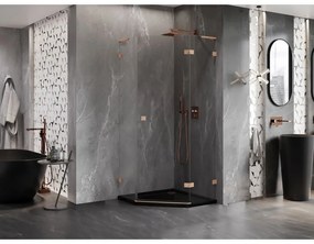 Mexen Lunar, L výklopný päťuholníkový sprchový kút pravý 90 x 90 cm, 8mm číre sklo, profil medená matná, 831L-090P-090L-65-00-P