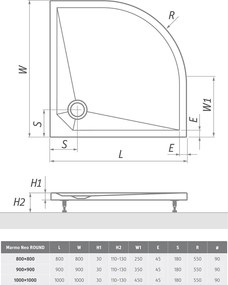 Roth Štvrťkruhová sprchová vanička z liateho mramoru MARMO NEO ROUND ROTH-Variant: rozmery: 100x100 cm - (MARMO NEO ROUND 1000 - MAN RO 100100 2E)
