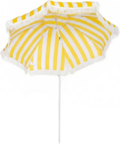 Outsunny plážový slnečník s boho strapcami, priemer 180 cm, nastaviteľná výška a 30° naklonenie — žlto-biely | Aosom