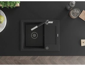 Mexen Enzo, 1-komorový granitový drez 576x465x174 mm a drezová batéria Flora, čierna, 6506-77-670401-07-B