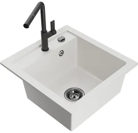 Mexen Vito, 1-komorový granitový drez 490x520x210 mm a drezová batéria Flora, biela, 6503-20-670401-70-B
