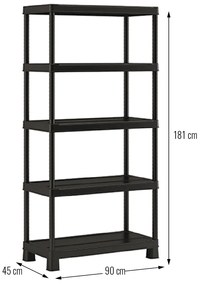 Plastový regál Tribac, 5 políc, 180x90x45 cm, čierna farba
