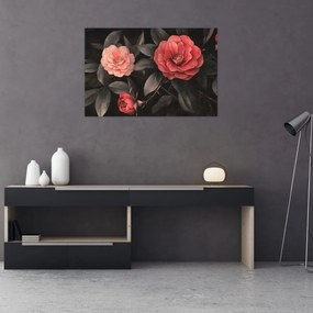 Obraz - Červené kvety na tmavom pozadí (90x60 cm)