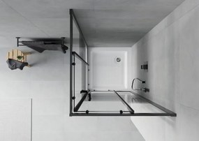 Mexen Rio, štvorcový sprchovací kút s posuvnými dverami 70(dvere) x 70(dvere) x 190 cm, 6mm číre sklo s pásikmi, čierny profil + biela sprchová vanička RIO, 860-070-070-70-20-4510