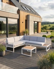 Záhradná rohová sedacia súprava Loreto White pre 5 osôb so stolíkom – hliník, biela