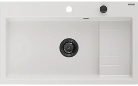 Mexen Omar, 1-komorový granitový drez 800x480x210 mm, biela, grafitový sifón, 6520801005-20-B