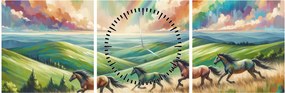 Obraz – Kone cválajúce krajinou (s hodinami) (90x30 cm)
