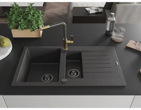 Mexen Matias, 1,5-komorový granitový drez 900x505x200 mm a drezová batéria Flora, čierna škvrnitá, 6502-76-670401-75-B