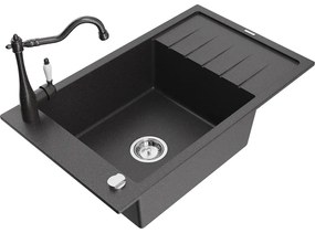 Mexen Elias, granitový drez 795x480x200 mm, 1-komorový a drezová batéria Carla, čierna škvrnitá, 6511-76-670700-76