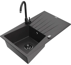 Mexen Cesar, granitový drez 775x470x190 mm, 1-komorový, čierna škvrnitá s čiernym sifónom a čierna drezová batéria Telma, 6514-76-670200-70-B