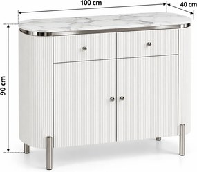 KOMODA GASTON II STRIEBORNÉ NOHY + BIELA + MRAMOR 100 cm