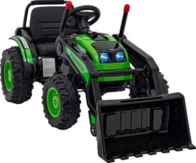 Ramiz Detský traktor na batérie Zelený + pohyblivé rameno s lyžicou + diaľkové ovládanie + pomalý štart + FM rádio + LED