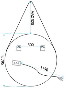 Tutumi Tutumi, okrúhle LED zrkadlo 80cm zavesené na čiernom pásiku, model 105, predné osvetlenie, HOM-02698