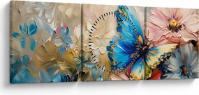Obraz - Maľba kvetov a motýľov (s hodinami) (90x30 cm)