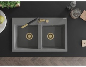Mexen Hektor, 2-komorový granitový drez 800x480x205 mm, šedá, zlatý sifón, 6521802000-71-G