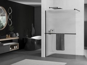 Mexen Kioto, sprchová zástena s poličkou a vešiakom na uteráky 90 x 200 cm, 8mm sklo s rebrovým vzorom, čierny profil, 800-090-121-70-09