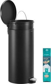 Kovový okrúhly kuchynský odpadkový kôš, 30 L, s pedálom, plastové vnútorné vedro, čierna