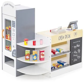 Hracia súprava detského supermarketu s pokladňou a pokladničným automatom a predajným automatom a bielou tabuľou