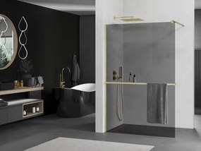 Mexen Kioto+, sprchová zástena Walk-In s poličkou a vešiakom 100 x 200 cm, 8mm šedé sklo, zlatý matný profil, 800-100-121-55-40