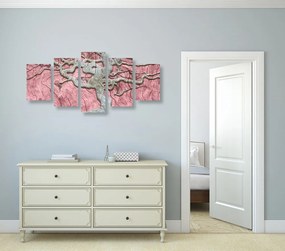 5-dielny obraz abstraktný strom na dreve s ružovým kontrastom - 200x100