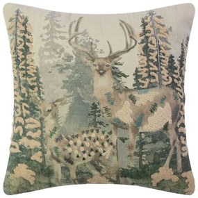 Béžový plátený vankúš s vyšitými aplikáciami Deer Forest - 45*45 cm