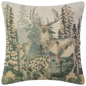 Béžový plátený vankúš s vyšitými aplikáciami Deer Forest - 45*45 cm