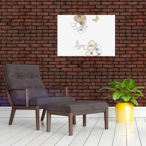 Sklenený obraz - Béžové kvety s motýľom N⁰2 (70x50 cm)