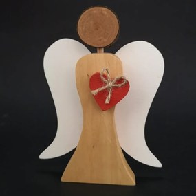 AMADEA Drevený anjel s bielymi krídlami a červeným srdcom, masívne drevo, 17x13,5x2 cm