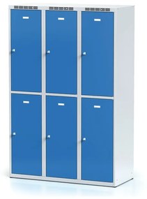 Alfa 3 Šatníková skrinka s úložnými boxami, 6 boxov, 1800 x 1200 x 500 mm, otočný zámok, modré dvere