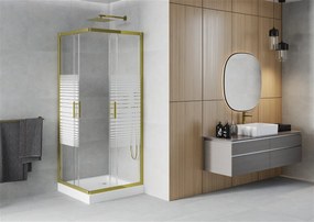 Mexen Rio, štvorcový sprchovací kút s posuvnými dverami 80 (dvere) x 80 (dvere) x 190 cm, 5mm číre sklo s pásikmi, zlatý profil + biela sprchová vanička RIO, 860-080-080-50-20-4510