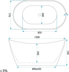 Rea FERRANO Slim, voľne stojaca vaňa 1520×730×670 mm, biela, čierna krytka odtoku, KPL-W6080
