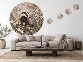 Jazvec na machovom kmeni maľované okrúhle nálepky na stenu do obývačky arch 46 x 46 cm