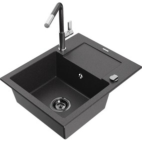 Mexen Enzo, 1-komorový granitový drez 576x465x174 mm a drezová batéria Flora, čierna škvrnitá, 6506-76-670401-08-B