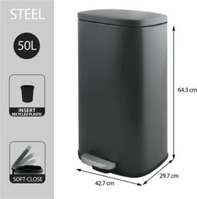 Tmavosivý nášľapný oceľový odpadkový kôš 50 l Akira – Spirella
