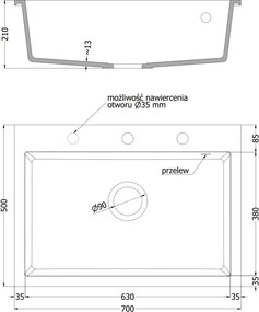 Mexen Elix granitový drez 1-komorový 700 x 500 mm, biely, sifón zlatý - 6526701005-20-G