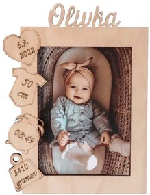 ČistéDrevo Drevený fotorámik s menom k narodeniu dieťaťa 13 x 18 cm