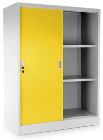 Stredná univerzálna kovová skriňa s posuvnými dverami 90 x 40 x 120 cm, cylindrický zámok, žltá - ral 1023